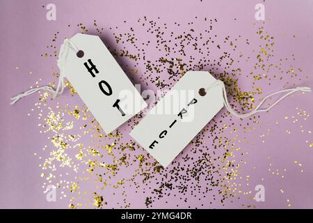 Deux étiquettes avec le mot HOT Price dessus sont sur une pile de paillettes. Les tags sont liés à une chaîne et sont placés sur un fond rose Banque D'Images