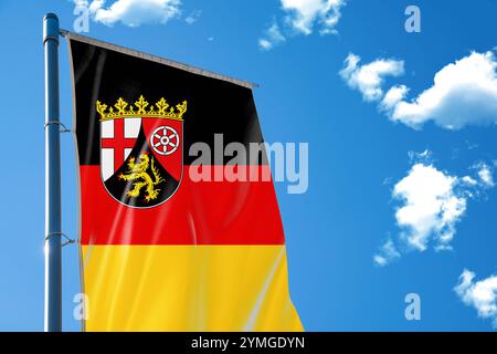 Bavière, Allemagne - 21 novembre 2024 : drapeau de l'état de Rhénanie-Palatinat, ondulant majestueusement dans le vent - un symbole de la culture, de la politique et de la tradition de Rhénanie et du Palatinat en Allemagne. PHOTOMONTAGE *** Fahne des Bundesland Rheinland-Pfalz, weht majestätisch im Wind ein Symbol für rheinländische und Pfälzer Kultur, Politik und tradition in Deutschland. FOTOMONTAGE Banque D'Images