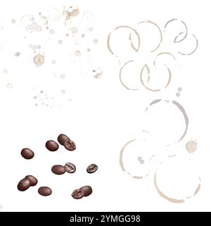 Taches de chocolat et grains de café torréfiés. Un ensemble de gouttes de thé et de café. Illustration aquarelle en numérique. Anneaux de thé et une trace d'une tasse de café Banque D'Images