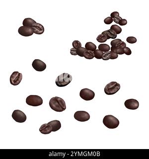 Grains de café torréfiés. Illustration numérique de l'aquarelle. Un ensemble de grains de café dispersés parfumés, isolés sur le fond. Café parfumé torréfié b Banque D'Images