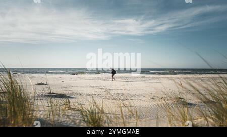 Un homme se promène tranquillement le long d'une belle plage de sable qui est située à proximité des vagues vastes et calmes de l'océan Banque D'Images