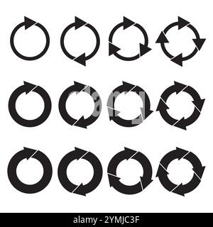 Icône de flèche tournante. Symbole de flèche circulaire. Conception vectorielle noire. Graphique de mouvement cyclique. Illustration de Vecteur