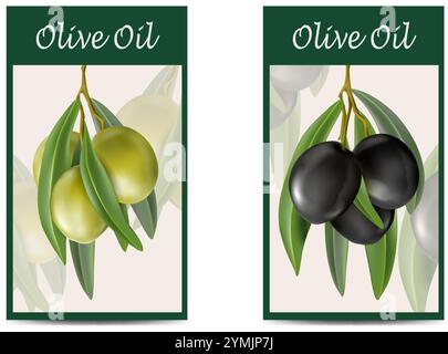 jeu d'icônes vectorielles réaliste. Olives vertes et noires entières fraîches sur la branche, modèles d'étiquettes de produits. Illustration de Vecteur