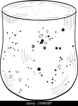 Il s'agit d'une représentation artistique simple mais captivante qui représente magnifiquement une tasse en verre texturée. Graphismes vectoriels en noir et blanc dessinés à la main en dessin au trait pour les matériaux imprimés, les intérieurs et plus encore. Illustration de Vecteur