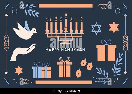 Illustration vectorielle Happy Hanukkah avec un fond bleu profond. facilement modifiable Illustration de Vecteur