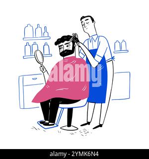 Coiffeur avec client dans le salon de coiffure. Dessin à la main illustration vectorielle style doodle. Illustration de Vecteur