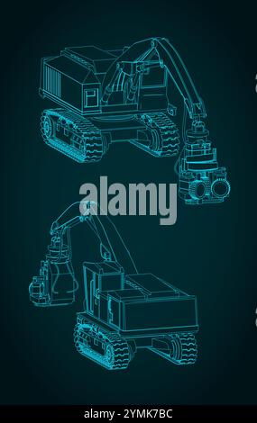Illustrations vectorielles stylisées de plans isométriques d'une abatteuse forestière sur chenilles Illustration de Vecteur
