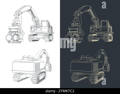 Illustrations vectorielles stylisées d'une abatteuse forestière sur chenilles Illustration de Vecteur
