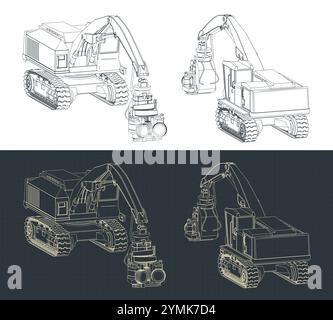 Illustrations vectorielles stylisées de plans isométriques d'une abatteuse forestière sur chenilles Illustration de Vecteur