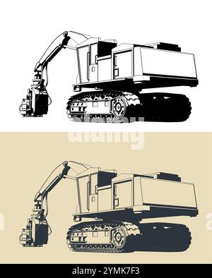Illustrations vectorielles stylisées d'une abatteuse forestière sur chenilles Illustration de Vecteur