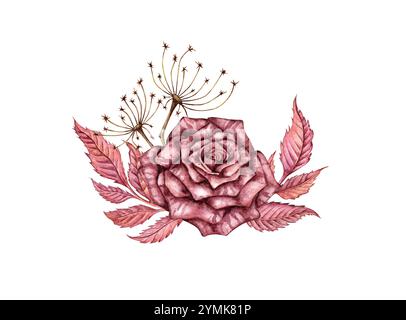 Rose avec des feuilles, bourgeons gothiques Bourgogne et illustration aquarelle d'herbe. Décoration botanique d'Halloween ou jour des morts isolée du fond. Banque D'Images