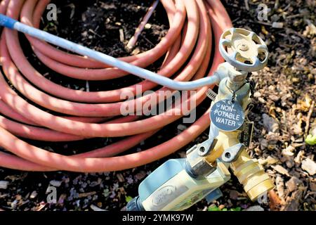 Étiquette « eau non potable » apposée sur un robinet et un tuyau d'arrosage ; non destinée à la consommation ; eau récupérée et recyclée qui n'est pas sans danger pour la consommation humaine. Banque D'Images