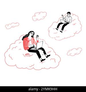 Les jeunes sur les nuages dans le ciel en utilisant un ordinateur portable et en tapant des messages à des amis. Dessin à la main illustration vectorielle style doodle. Illustration de Vecteur