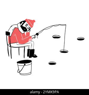 Le vieil homme en vêtements chauds sur le lac gelé couvert de glace tire l'éperlan de pêche. Illustrations dessinées à la main vecteur style doodle. Illustration de Vecteur