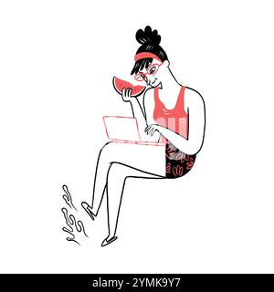 Une femme équilibre travail et détente, profitant de la pastèque tout en utilisant un ordinateur portable. Cette illustration capture l'essence d'un su insouciant et productif Illustration de Vecteur