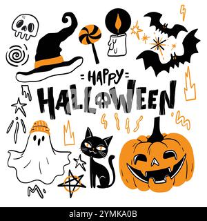 Icônes et éléments d'Halloween avec citrouilles, chauves-souris, fantômes et personnages effrayants Illustration de Vecteur