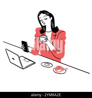 Une femme d'affaires blonde parlant au téléphone tout en étant assise dans un café avec un ordinateur portable et un café à proximité, dessinant à la main Illustration de Vecteur