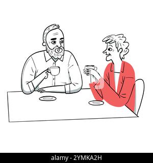 Couple âgé buvant du café dans un café dans l'après-midi, dessin simple au trait, dessin à la main Illustration de Vecteur