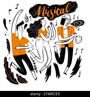 Festival Dancing in Music. Moments de détente l'apparence et le style de vie. Collection de dessinés à la main. Illustration vectorielle dans le style doodle d'esquisse, Pa Illustration de Vecteur