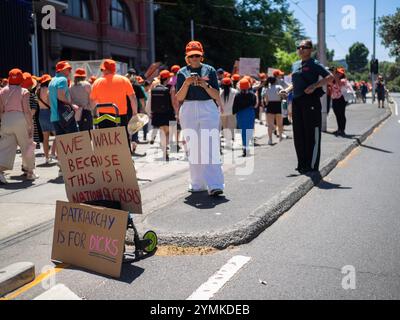 Melbourne, Australie. 22 novembre 2024. Panneaux vus au rallye. Dans le sillage immédiat de trois meurtres de jeunes femmes de Melbourne, et de 85 meurtres de femmes en Australie en 2024, environ 3 000 personnes ont défilé dans le centre-ville pour réclamer la fin de la violence domestique et du féminicide. La plupart ont revêtu des vêtements orange ; la couleur de l'organisation anti-violence familiale, respect Victoria, qui a organisé l'événement. Crédit : SOPA images Limited/Alamy Live News Banque D'Images