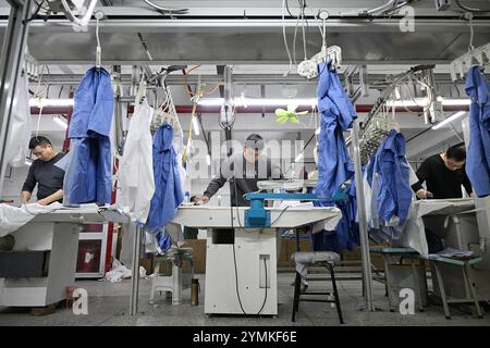 SUQIAN, CHINE - 22 NOVEMBRE 2024 - des travailleurs produisent des chemises sur une chaîne de montage dans un atelier de production intelligent dans une usine de vêtements à Suqian, Jiangsu Banque D'Images