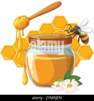 Une abeille près du pot de miel et du nid d'abeille Illustration de Vecteur