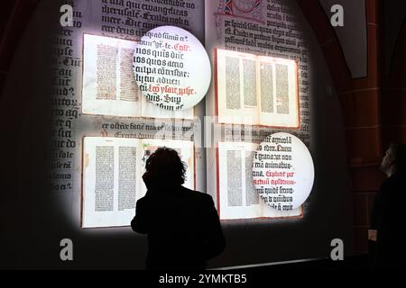 DAS Mainzer Gutenberg-Museum zeigt von Samstag an Seine wichtigsten Exponate an einem Interimsstandort im ehemaligen Klarissenkloster est créé Klara Foto vom 21.11.2024. Die Geschichte des Buchdrucks wird dort auch unter Einsatz moderner Multimediatechniken auf gut 1,000 Quadratmetern Ausstellungsflaeche praesentiert. Auf mehreren, bislang von dem staedtischen Musée Naturhistorischen genutzten Etagen werden unter anderem gedruckte Buecher aus der Zeit von Gutenberg sowie historische Druckmaschinen ausgestellt, darunter drei Baende Originalbibeln aus der Werkstatt von Johannes Gutenberg. Siehe epd- Banque D'Images