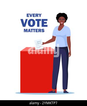 Femme noire mettant le papier de vote dans la boîte électorale. Chaque vote compte. Illustration vectorielle Illustration de Vecteur