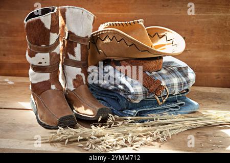 Bottes de cow-boy, chapeau de cow-boy dans un décor occidental Banque D'Images