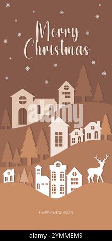 Joyeux Noël papier coupé avec arbre dans le village avec le vecteur de montagne. Illustration décorative multicouche Illustration de Vecteur