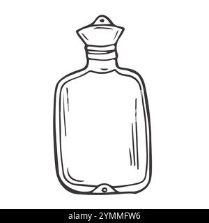 Bouteille d'eau chaude, réchauffeur en caoutchouc ou réchauffeur, bouteille en silicone pour l'eau, soulagement de la douleur, compression chaude, soulagement de la douleur des maux de tête, crampes, doodle dessiné à la main Illustration de Vecteur