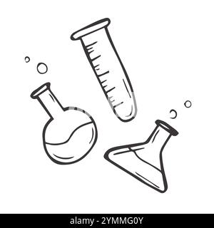 Kit de verrerie de laboratoire : fiole jaugée, fiole Erlenmeyer, fiole à fond rond, fiole Fernbach, boîte de Petri, tube à essai, cylindre gradué Illustration de Vecteur