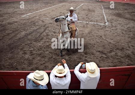 Les spectateurs regardent un Charro mexicain concourir à une compétition de charreria à Mexico Banque D'Images