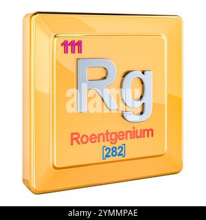Roentgenium RG, signe d'élément chimique avec le numéro 111 dans le tableau périodique. Rendu 3D isolé sur fond blanc Banque D'Images