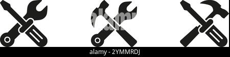 Clé, marteau et tournevis pour l'entretien et la réparation. Jeu d'icônes Silhouette outils croisés. Symbole de glyphe de construction et de service technique Illustration de Vecteur