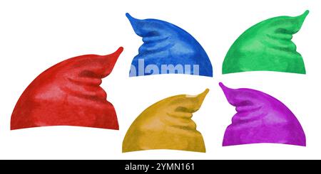 Ensemble de cinq chapeaux de gnome multicolores isolés sur un fond blanc. Aquarelle rouge, bleu, vert, chapeaux violets pour vêtements et modèle de chapeaux pour s. Banque D'Images