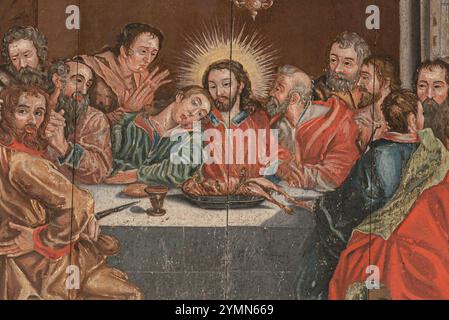 Peinture de la dernière Cène par inconnu sur un retable du XVIIe siècle dans l'église d'Ovraby, Suède, 16 juillet 209 Banque D'Images