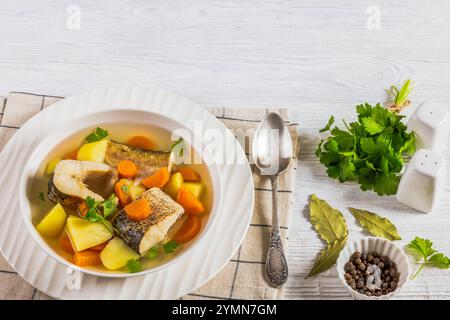 Soupe claire de brochet avec légumes, persil et épices dans un bol blanc sur une table en bois blanc avec cuillère, feuilles de laurier et grains de poivre, vue horizontale Banque D'Images