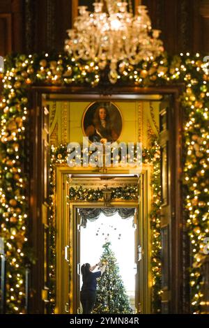 Chef de la fête, Val Goldman, met la touche finale aux arbres de Noël dans le Boudoir bleu du château de Warwick. Une équipe de 35 experts en histoire, costumes et paysages passe 750 heures à planifier et quatre semaines à installer des lumières, des décorations et des arbres avant la saison des fêtes. Il faut 100 heures pour décorer l'intérieur du château, et encore 40 heures dans le parc pour accrocher environ 50 000 lumières de Noël, décorer 30 arbres de Noël autour et poser la traînée lumineuse de 1 680 mètres. Date de la photo : vendredi 22 novembre 2024. Banque D'Images