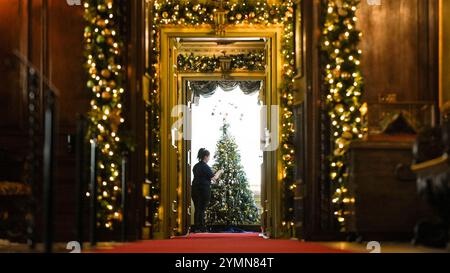 Chef de la fête, Val Goldman, met la touche finale aux arbres de Noël dans le Boudoir bleu du château de Warwick. Une équipe de 35 experts en histoire, costumes et paysages passe 750 heures à planifier et quatre semaines à installer des lumières, des décorations et des arbres avant la saison des fêtes. Il faut 100 heures pour décorer l'intérieur du château, et encore 40 heures dans le parc pour accrocher environ 50 000 lumières de Noël, décorer 30 arbres de Noël autour et poser la traînée lumineuse de 1 680 mètres. Date de la photo : vendredi 22 novembre 2024. Banque D'Images