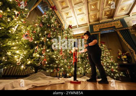 Chef de la fête, Val Goldman, met la touche finale aux arbres de Noël dans la bibliothèque du château de Warwick. Une équipe de 35 experts en histoire, costumes et paysages passe 750 heures à planifier et quatre semaines à installer des lumières, des décorations et des arbres avant la saison des fêtes. Il faut 100 heures pour décorer l'intérieur du château, et encore 40 heures dans le parc pour accrocher environ 50 000 lumières de Noël, décorer 30 arbres de Noël autour et poser la traînée lumineuse de 1 680 mètres. Date de la photo : vendredi 22 novembre 2024. Banque D'Images