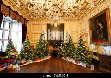 Val Goldman, chef de la fête, met la touche finale aux arbres de Noël dans la salle à manger de l'État du château de Warwick. Une équipe de 35 experts en histoire, costumes et paysages passe 750 heures à planifier et quatre semaines à installer des lumières, des décorations et des arbres avant la saison des fêtes. Il faut 100 heures pour décorer l'intérieur du château, et encore 40 heures dans le parc pour accrocher environ 50 000 lumières de Noël, décorer 30 arbres de Noël autour et poser la traînée lumineuse de 1 680 mètres. Date de la photo : vendredi 22 novembre 2024. Banque D'Images