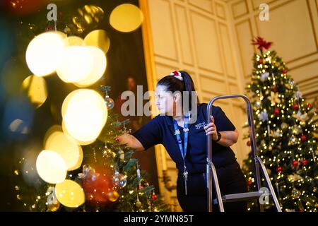 Val Goldman, chef de la fête, met la touche finale aux arbres de Noël dans la salle à manger de l'État du château de Warwick. Une équipe de 35 experts en histoire, costumes et paysages passe 750 heures à planifier et quatre semaines à installer des lumières, des décorations et des arbres avant la saison des fêtes. Il faut 100 heures pour décorer l'intérieur du château, et encore 40 heures dans le parc pour accrocher environ 50 000 lumières de Noël, décorer 30 arbres de Noël autour et poser la traînée lumineuse de 1 680 mètres. Date de la photo : vendredi 22 novembre 2024. Banque D'Images