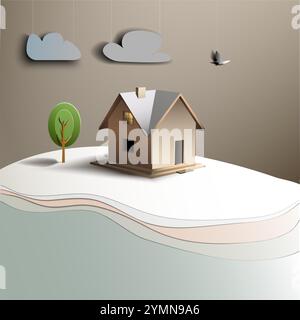 Une scène de dessin animé avec une maison, un arbre et une rivière ci-dessous, dans le style de découpe de papier, illustration vectorielle Illustration de Vecteur