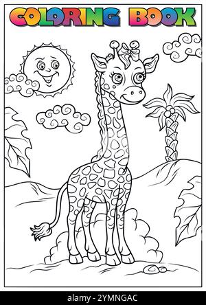 Adorable bébé girafe avec arc sur la tête debout dans le paysage de savane africaine avec soleil souriant, nuages, palmier et rochers, une page de livre de coloriage pour Illustration de Vecteur