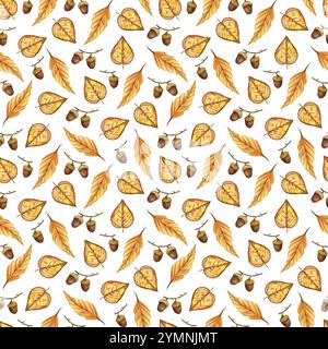 Feuilles d'automne, glands sur fond blanc. Tous les objets sont peints à la main avec de l'aquarelle, motif sans couture d'aquarelle. Pour les textiles, impression sur Banque D'Images