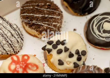 Assortiment de mini beignets avec garnitures colorées et glaçage dans une boîte blanche. Sweet Treat perfection! Banque D'Images