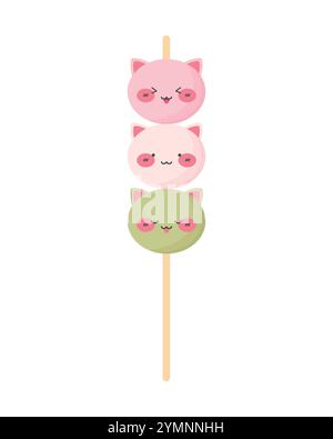 Chats kawaii mignons sur bâton dango. Mochi Hanami dango gâteau de riz sucré japonais dessert. Illustration vectorielle Illustration de Vecteur