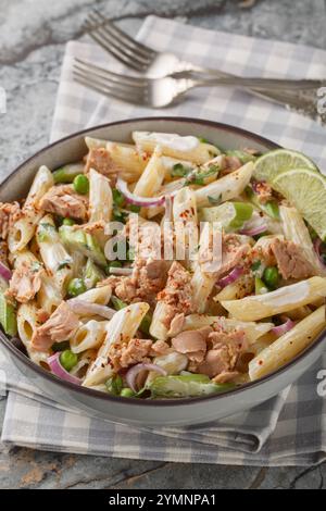 Salade de pâtes de thon préparée avec du thon en conserve, des pois, des penne, des oignons, du céleri, puis une vinaigrette crémeuse au yogourt en gros plan sur l'assiette sur la table. Vertical Banque D'Images