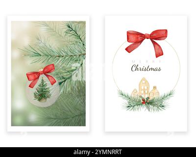 Aquarelle cartes de Noël avec une boule sur un arbre et une carte avec une couronne décorée de branches de sapin et de maisons Banque D'Images